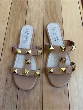 Journee Collection Tan Slide Sandals with Gold Pyramid Studs